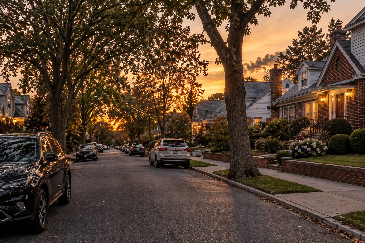 A tree-lined northeast Queens street at dusk