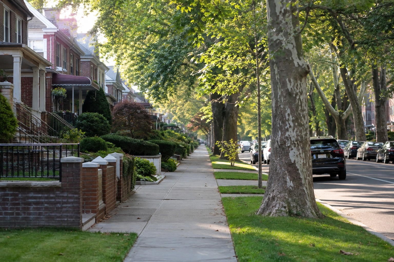 A tree lined northeast Queens street in the morning